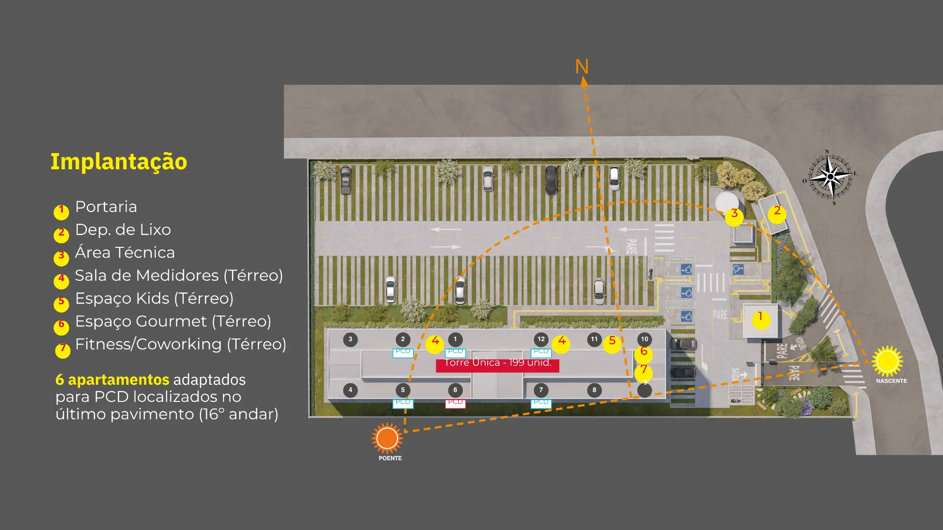 Implantação do Smart Ouro Verde em Campinas: torre única com 199 unidades, portaria, espaço kids, espaço gourmet e fitness/coworking